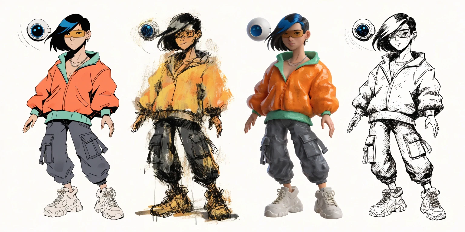 The same character rendered as 2D cel illustration, gouache painting, 3D toy, and ink comic