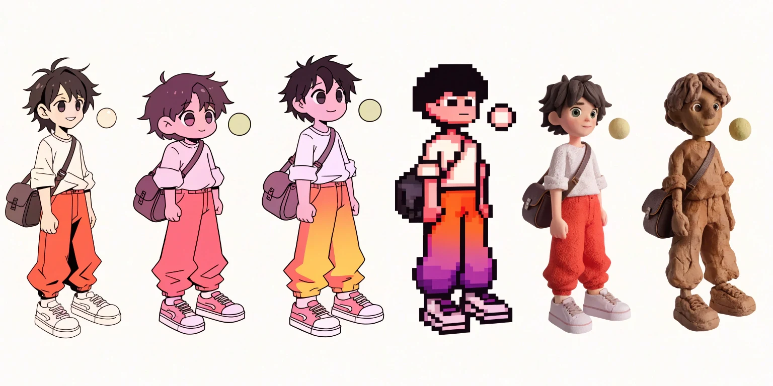 The same character in six styles: anime, chibi, TV cartoon, pixel art, 3D animated film, and claymation