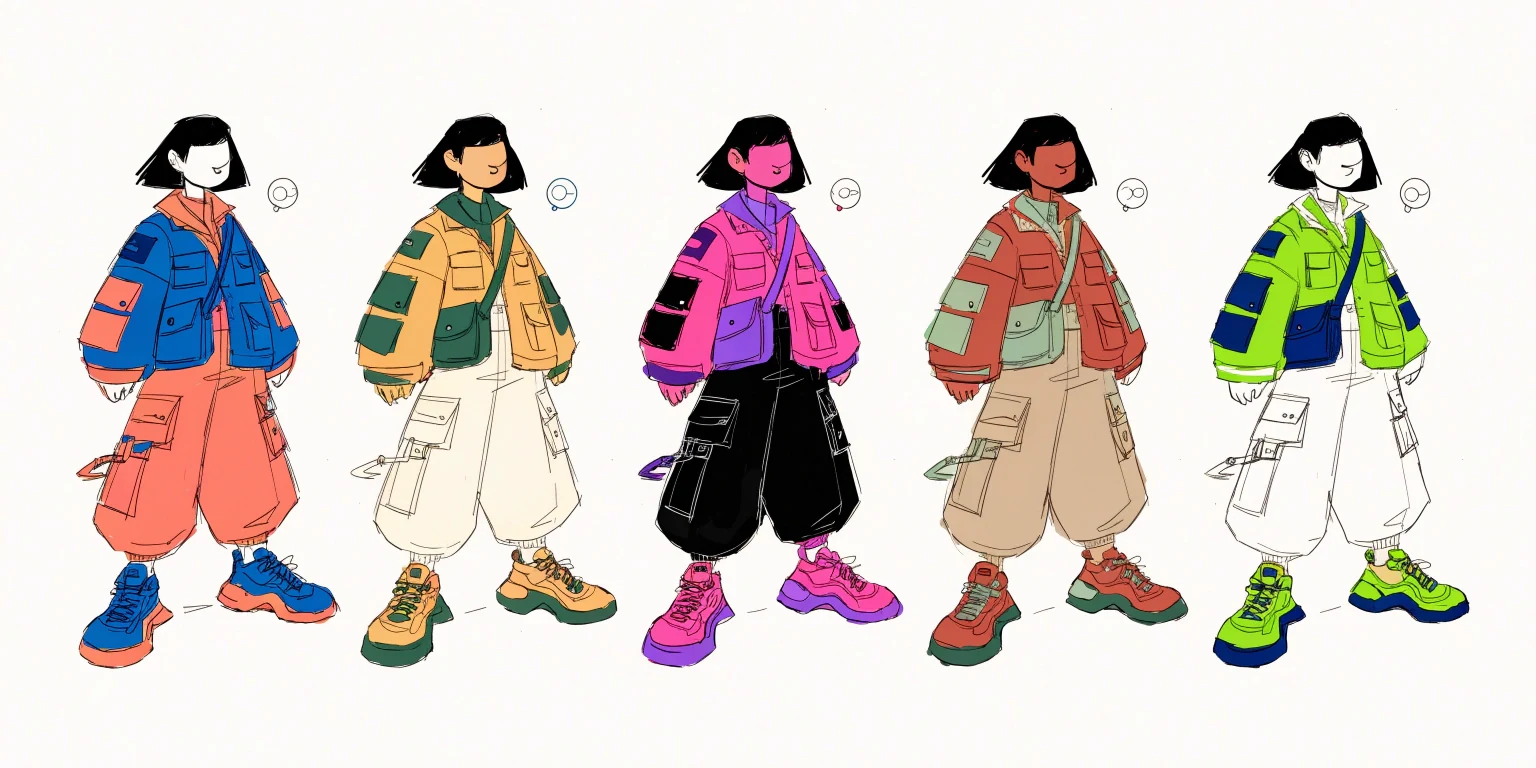 One character design shown in five different color palettes