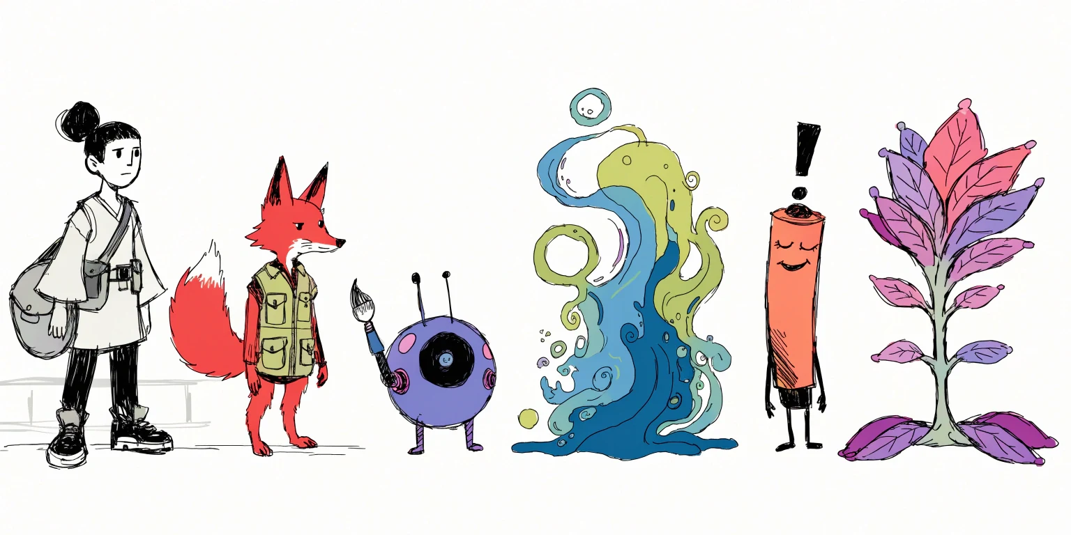 Six character types for the same role: human, fox, robot, paint creature, living paint tube, and plant being