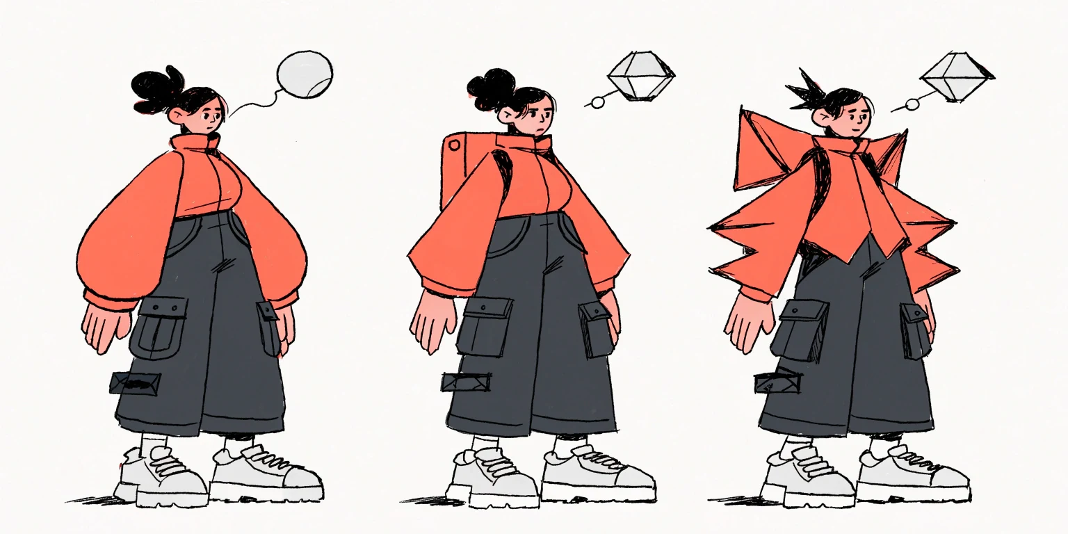 Shape language in character design: round, square, and triangle versions of one character