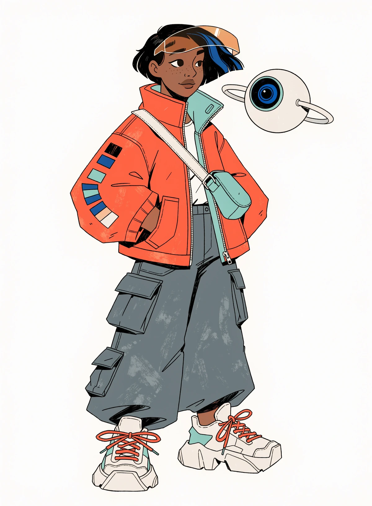 Character concept art of a young woman color scout in an oversized orange utility jacket with a floating white drone