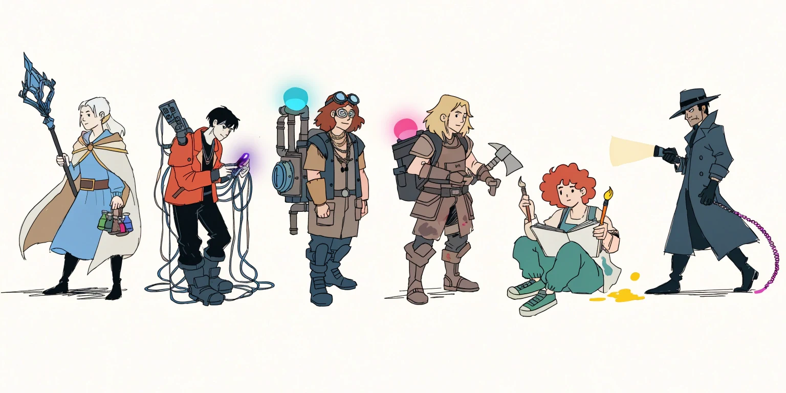 Character concept art: one premise reimagined in six genres, from fantasy mage to noir detective