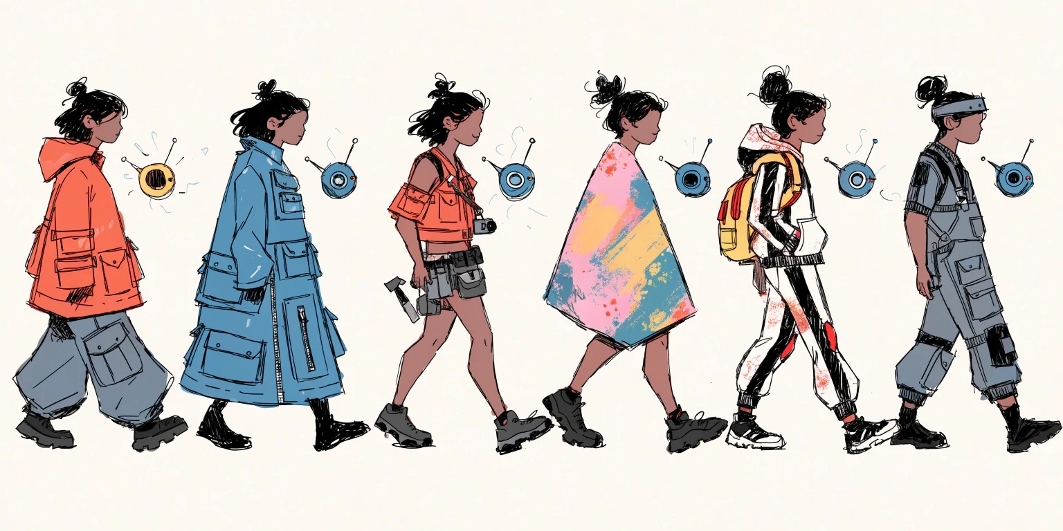 Six outfit ideas for a solarpunk color scout character, generated with Recraft V4.1 Flash