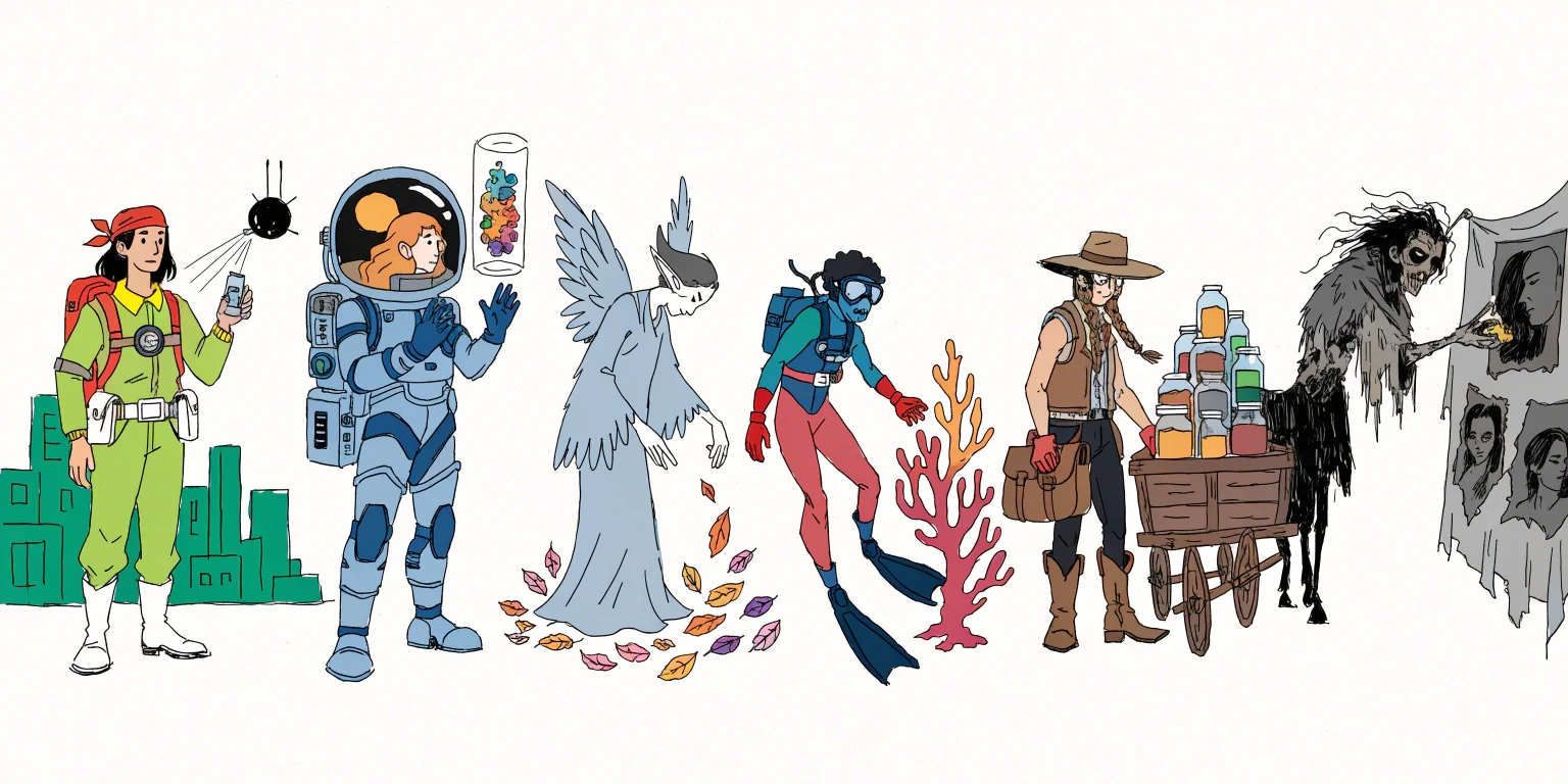 Character design ideas across six genres: solarpunk, space opera, folklore, underwater, western, and gothic