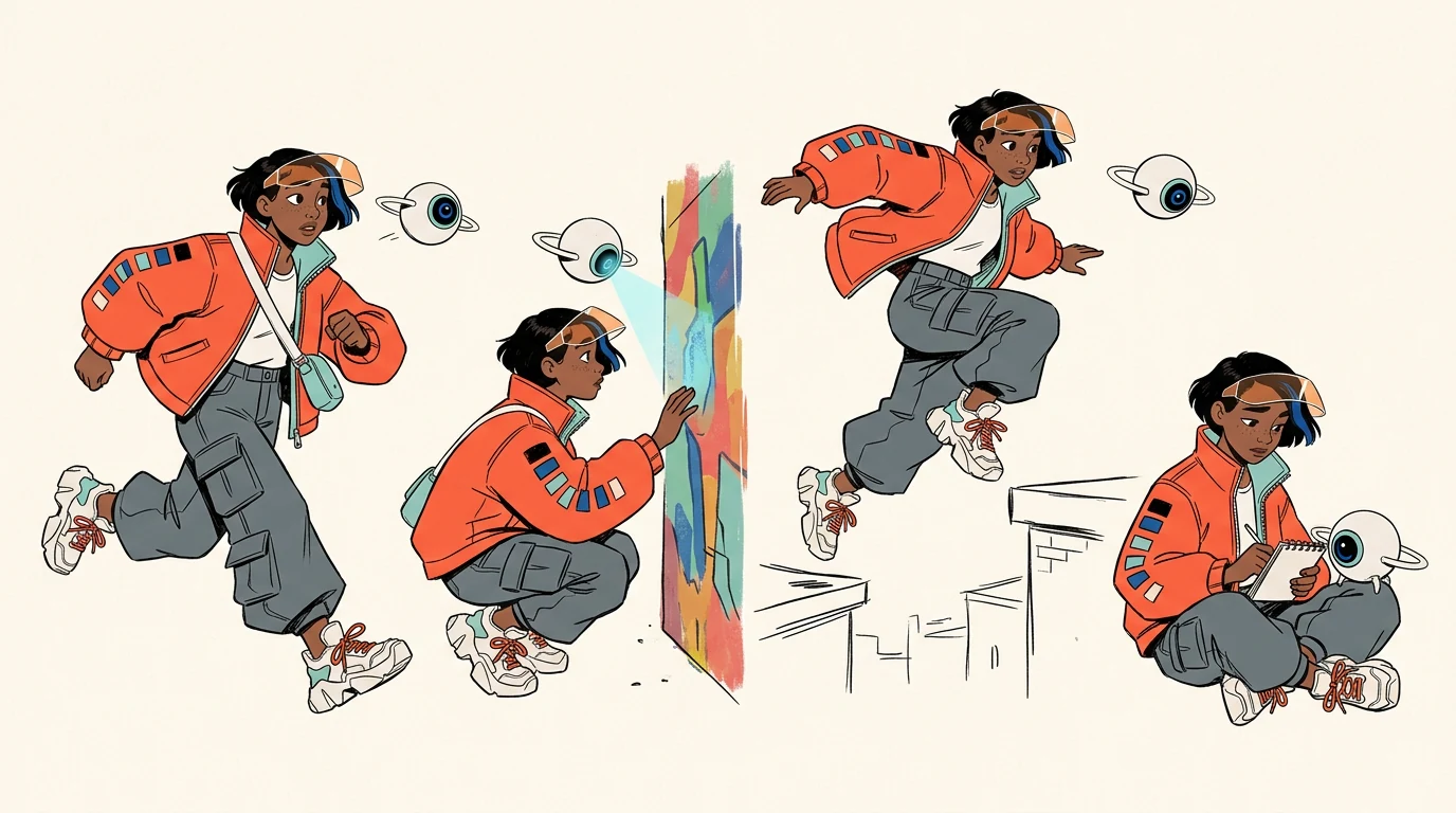 Character pose sheet with four action poses: running, crouching, jumping, and sitting while sketching