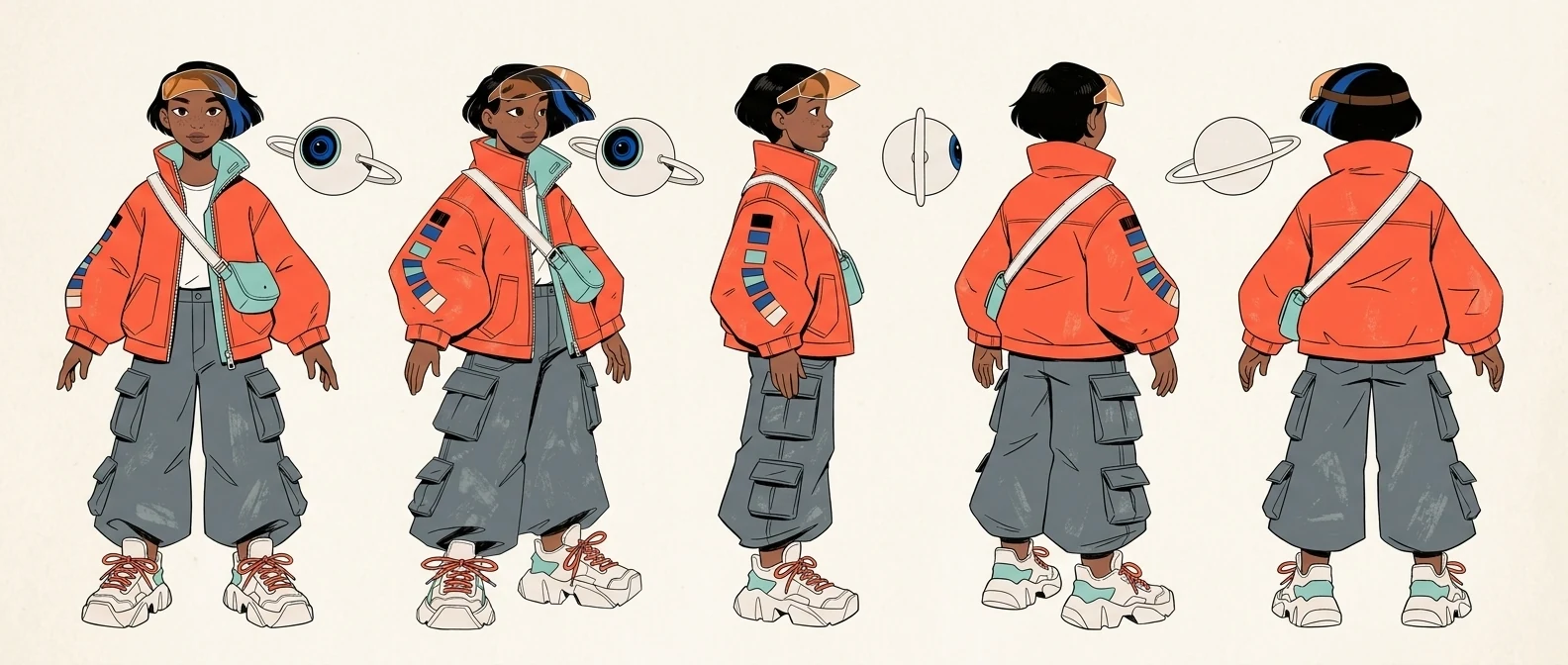 Character turnaround sheet showing the same character from front, three-quarter, side, and back views
