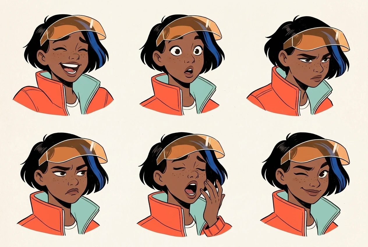Character expression sheet with six emotions: laughing, surprised, focused, annoyed, yawning, and winking