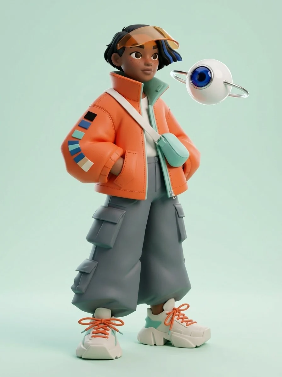 3D character design of a color scout as a collectible vinyl toy with a floating drone