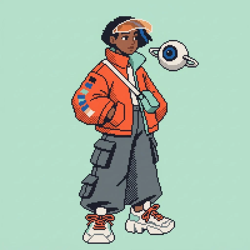 Pixel art character of the color scout with her floating drone on a mint background