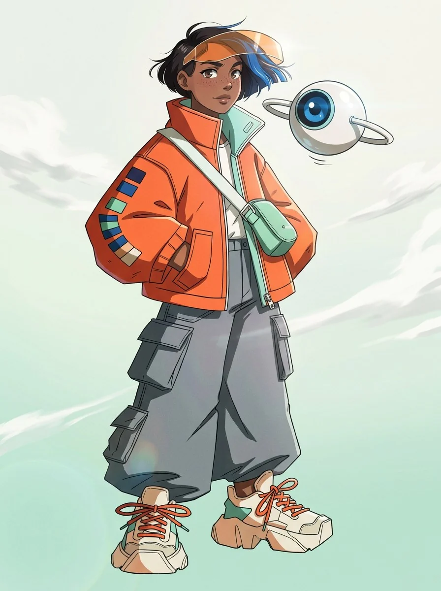 Anime character design of the same color scout in an orange jacket against a light sky