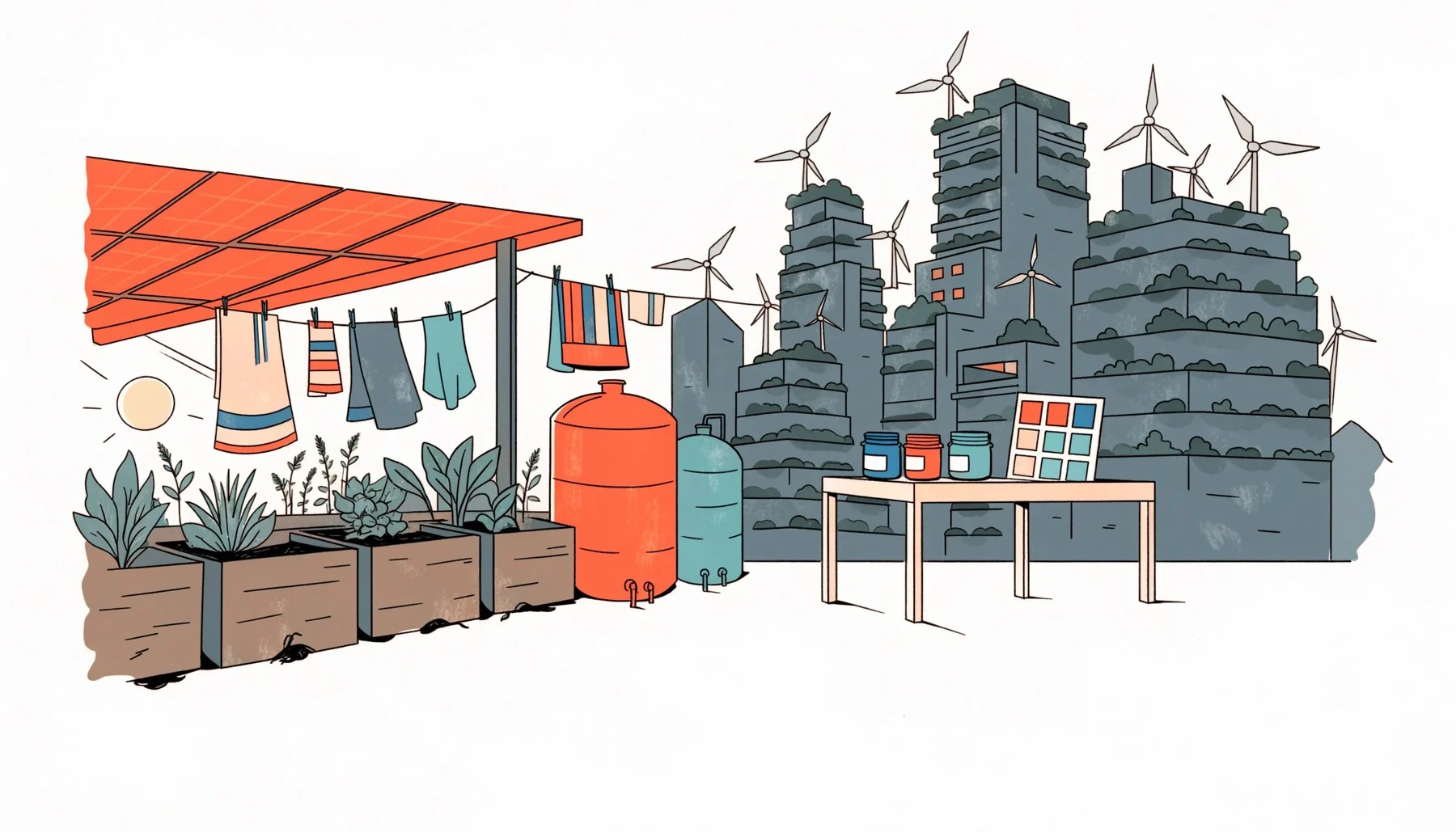 Environment concept art of a solarpunk rooftop garden at golden hour