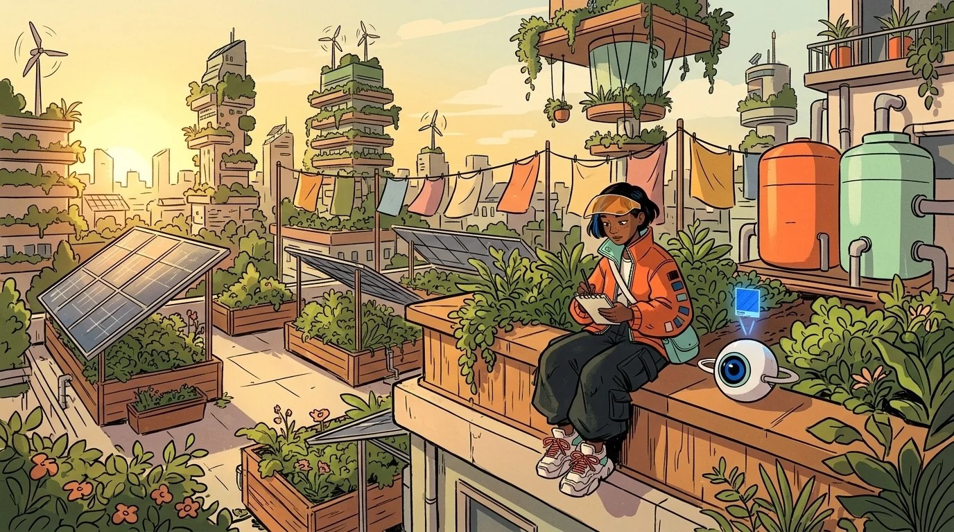 The color scout character on a rooftop garden in the same illustrated style