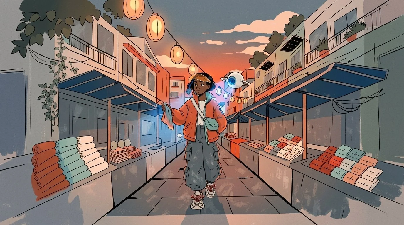 A color scout character with a floating drone walking through an illustrated night market