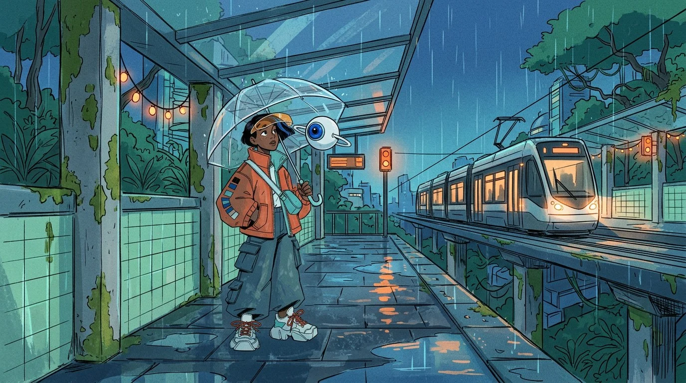 The color scout character waiting on a rainy tram platform with her drone under an umbrella