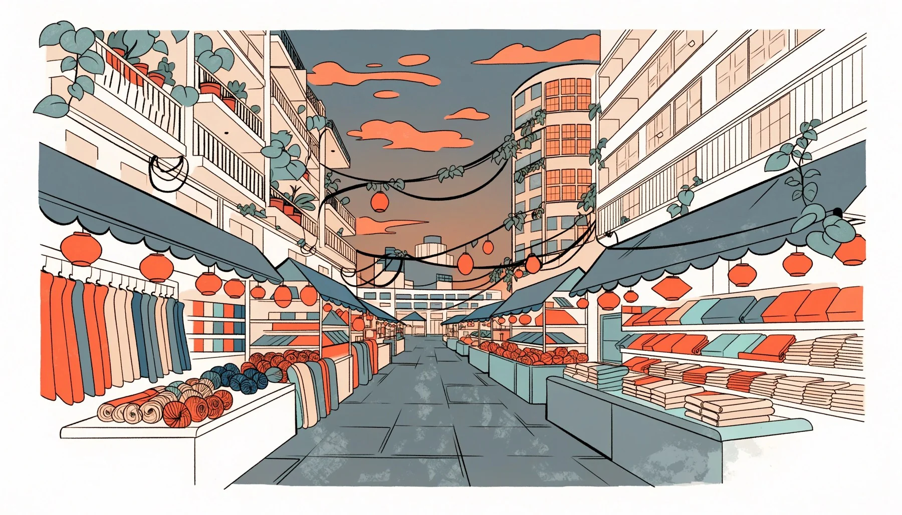 Environment concept art of a night market with fabric stalls and paper lanterns