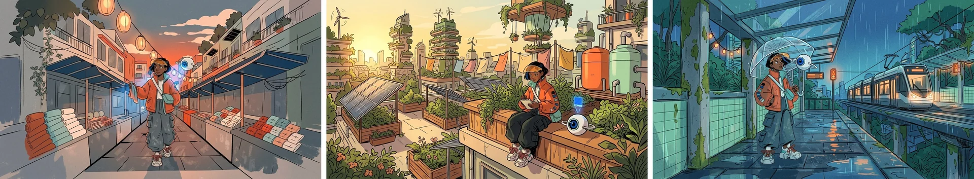 The same character in three scenes: a night market, a rooftop garden, and a rainy tram station