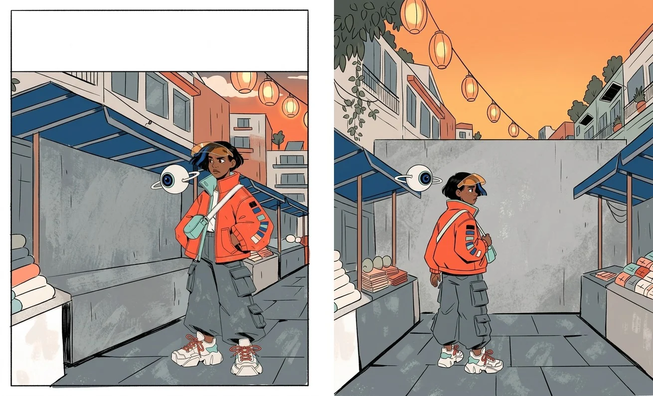 Two variants of the first comic panel, rendered with the same character and market environment