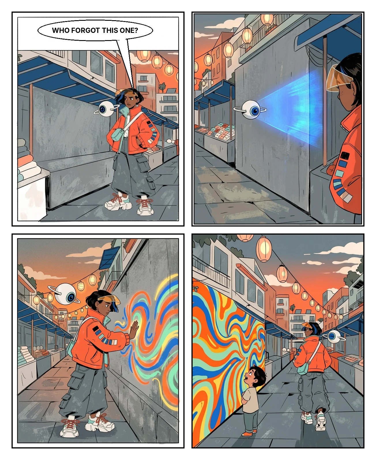 A four-panel comic: a color scout and her drone turn a gray market wall into a bright mural
