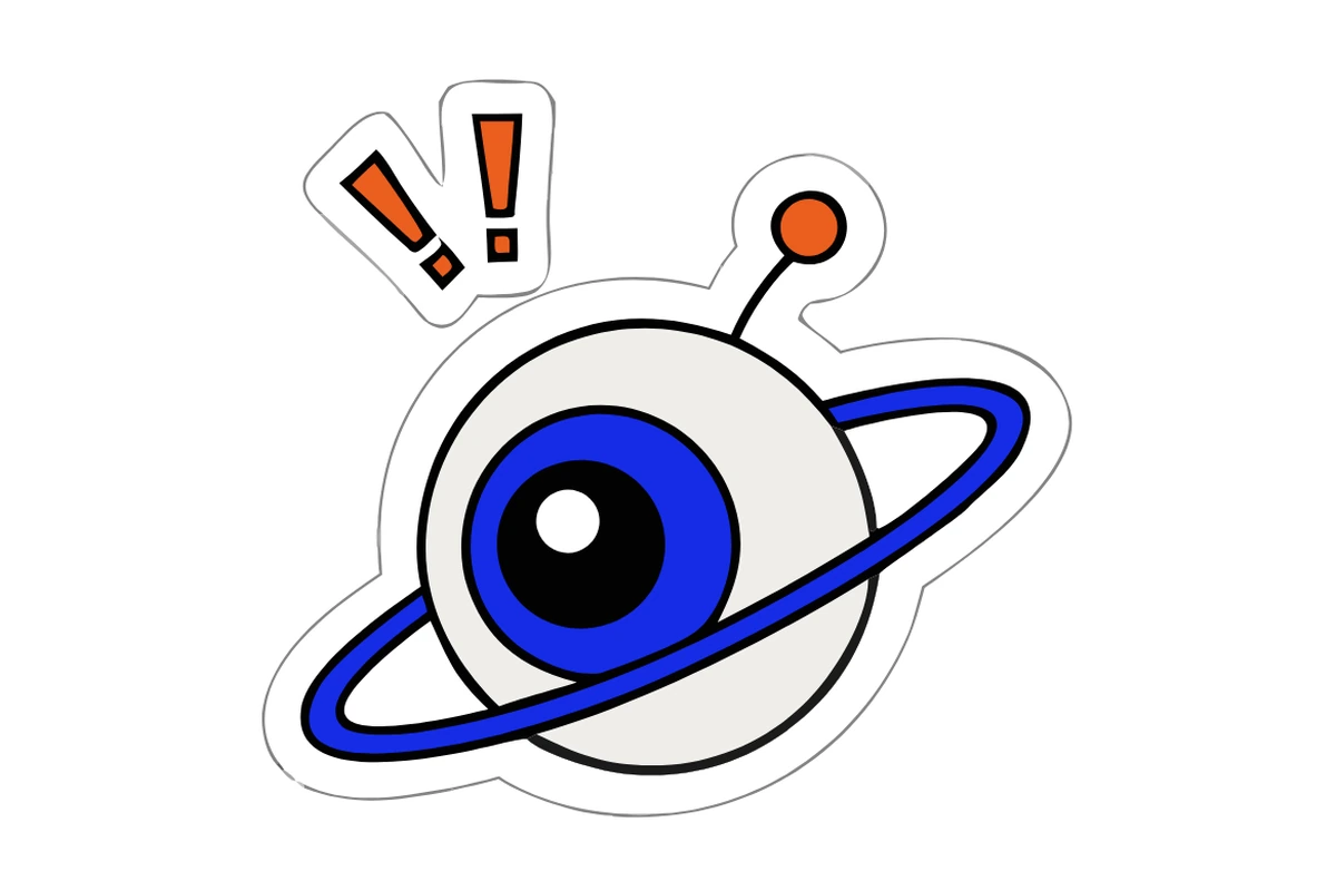 Mascot design of a round white drone with a cobalt eye and a cobalt ring