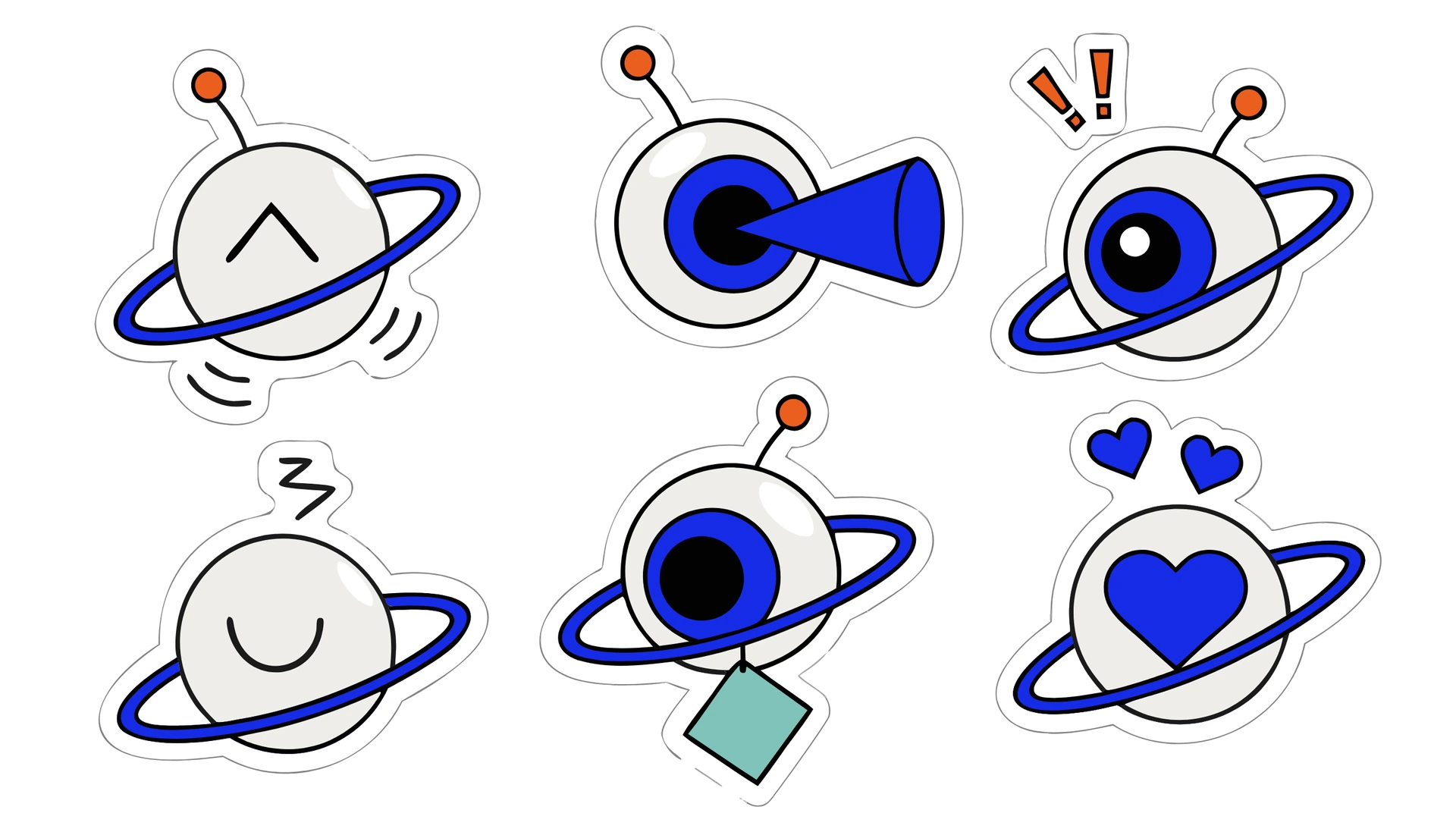 Vector mascot sticker sheet with happy, scanning, surprised, sleeping, swatch-carrying, and in-love poses