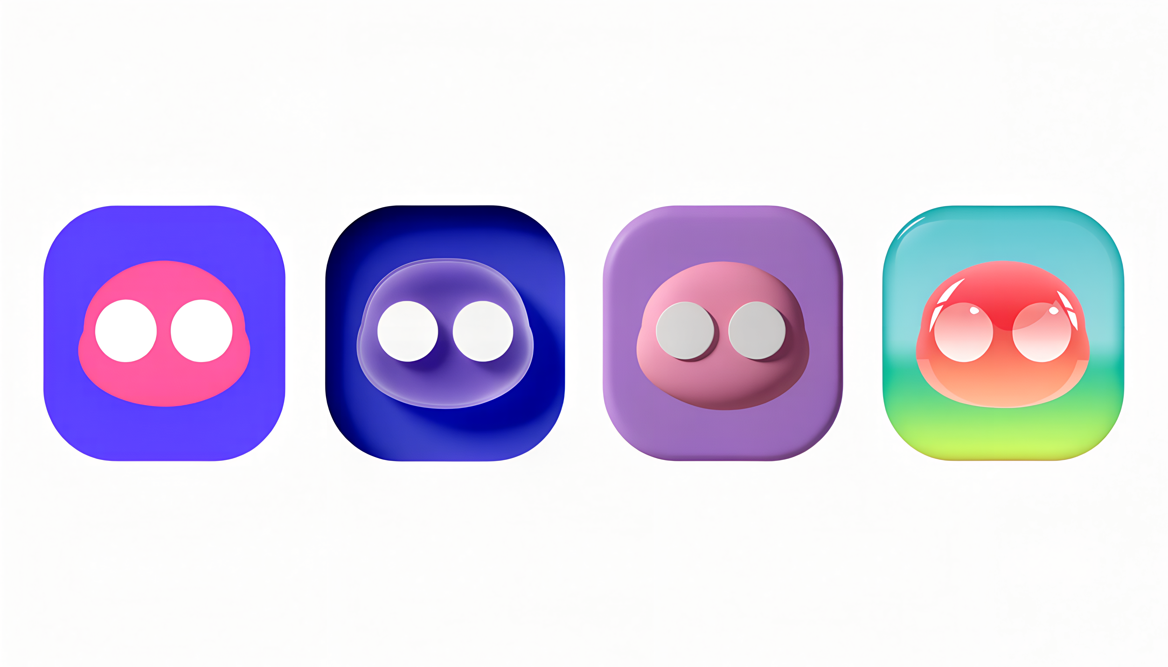 The same jelly mascot app icon in four styles: flat vector, frosted glass, soft 3D clay, and glossy Frutiger Aero