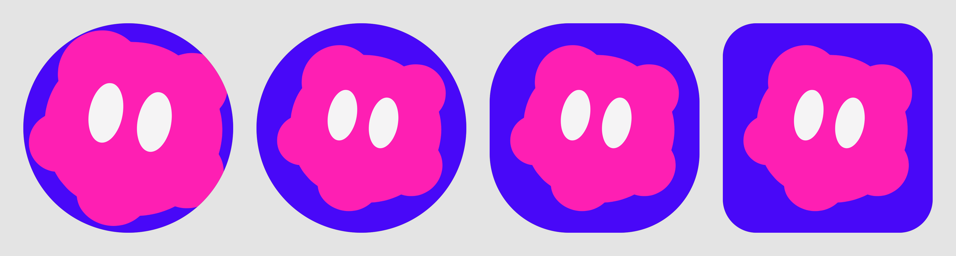Android adaptive icon in circle, squircle, and rounded square masks, with the unscaled version clipped on the left