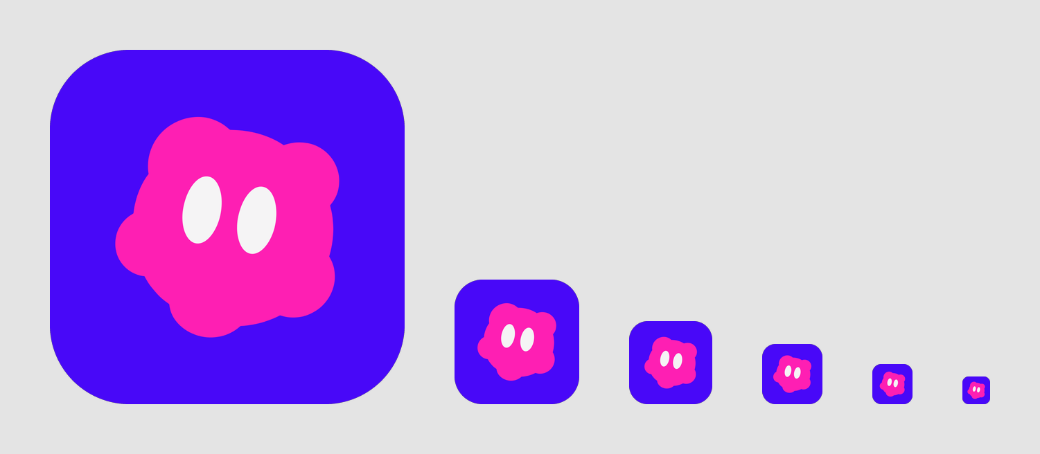 App icon sizes from 512 px down to 40 px, showing how the jelly mascot reads at Home Screen, Settings, and notification sizes