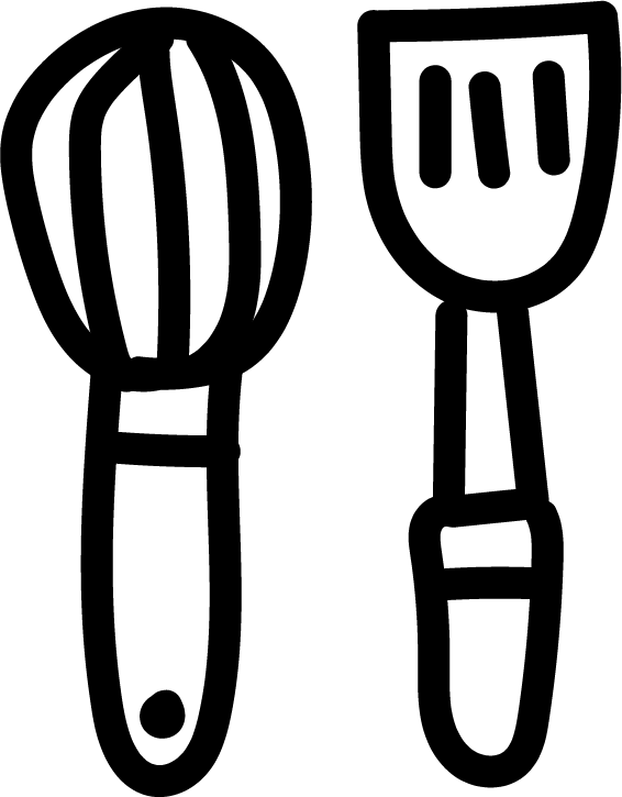 Icône pixelisée en noir et blanc représentant un fouet et une spatule, ustensiles de cuisine.