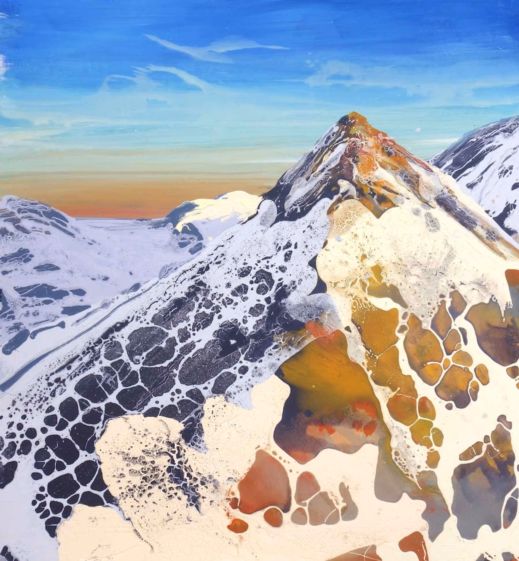 Abstract painting of a mountain landscape with textured patterns in white, black, and golden hues under a blue and orange sky.