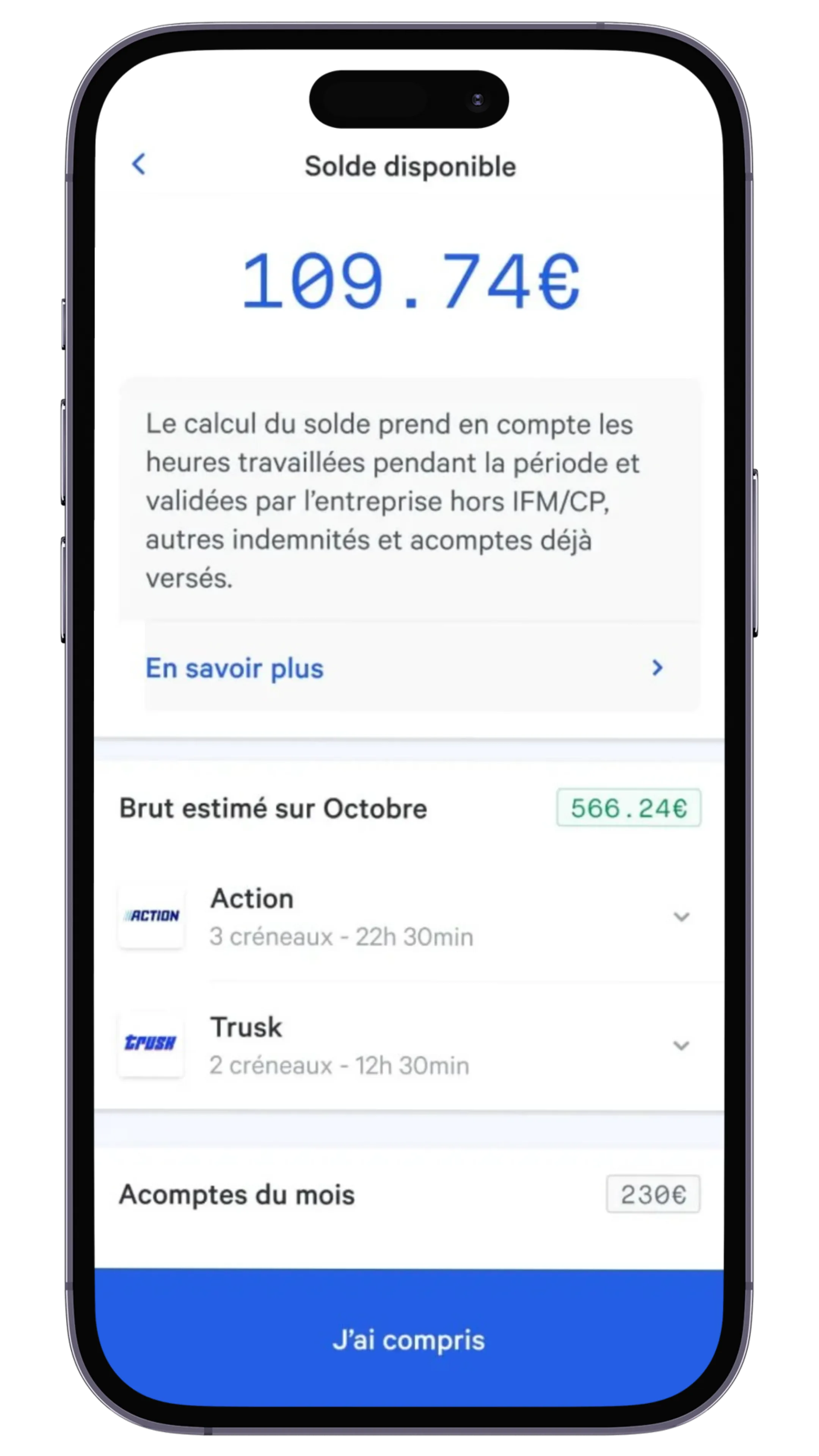 Ecran acompte app side
