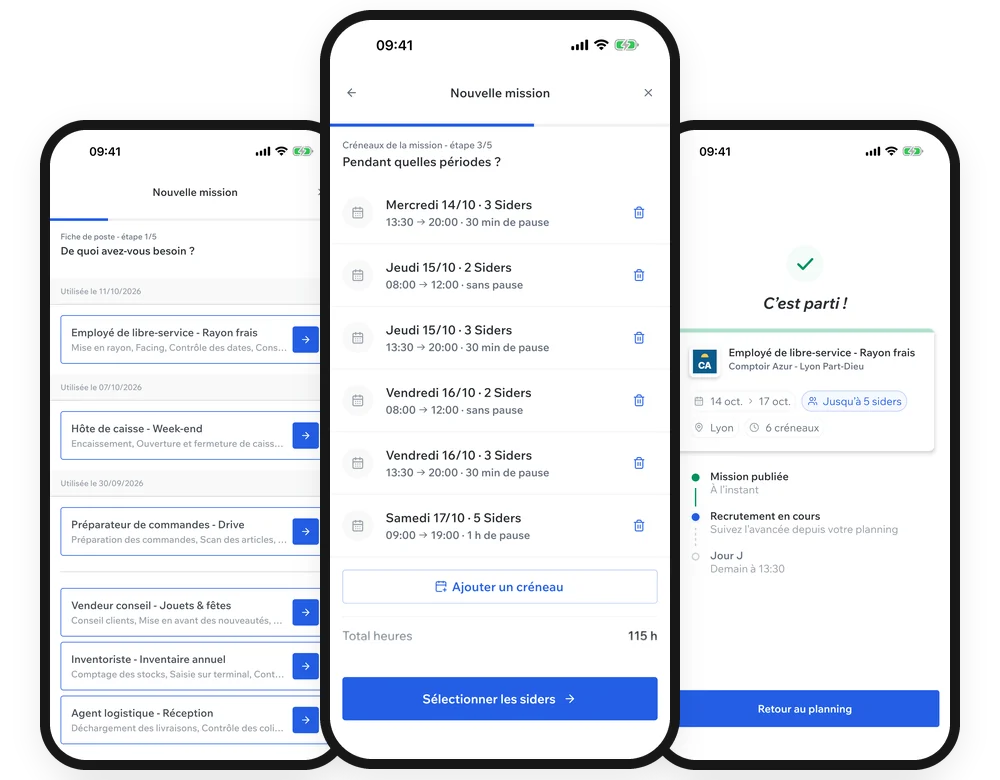 Écran de l’app SidePro : publication d’une mission en 5 étapes