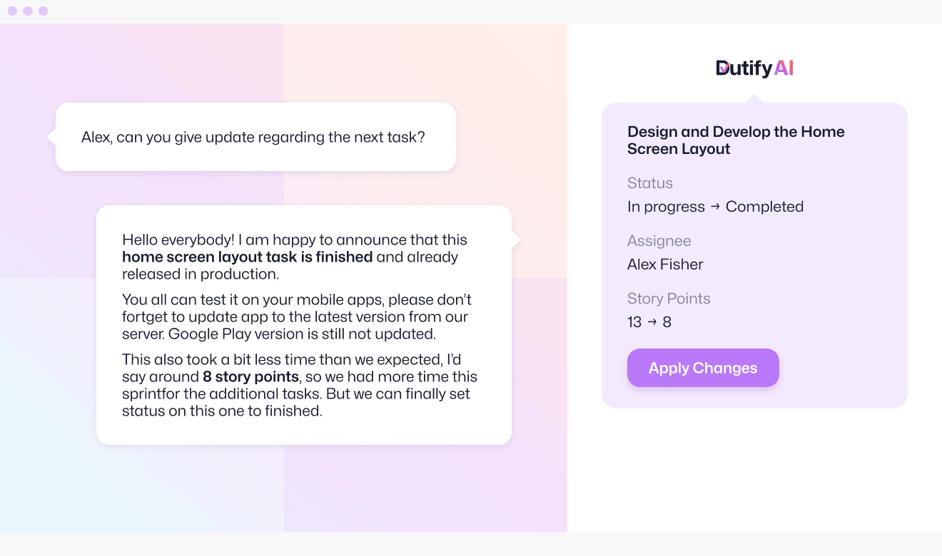 an illustration of Zoom meeting with examples of real conversation and proposals of Dutify.AI app for new tasks and task revisions.