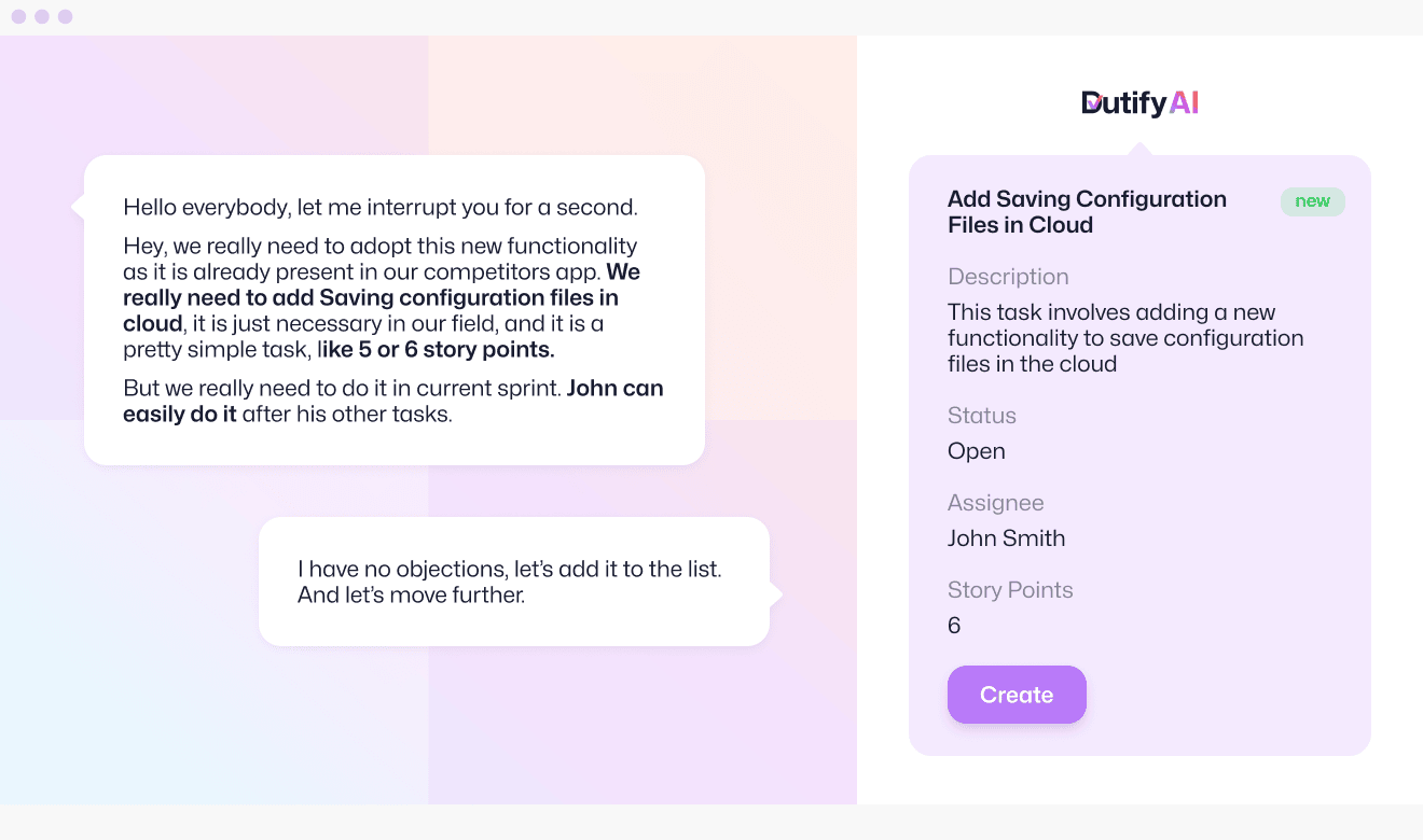an illustration of Zoom meeting with examples of real conversation and proposals of Dutify.AI app for new tasks and task revisions.