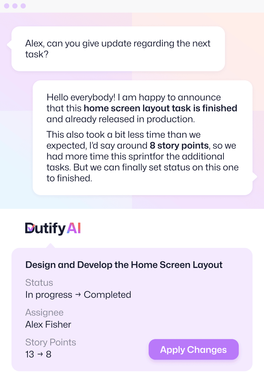 an illustration of Zoom meeting with examples of real conversation and proposals of Dutify.AI app for new tasks and task revisions.