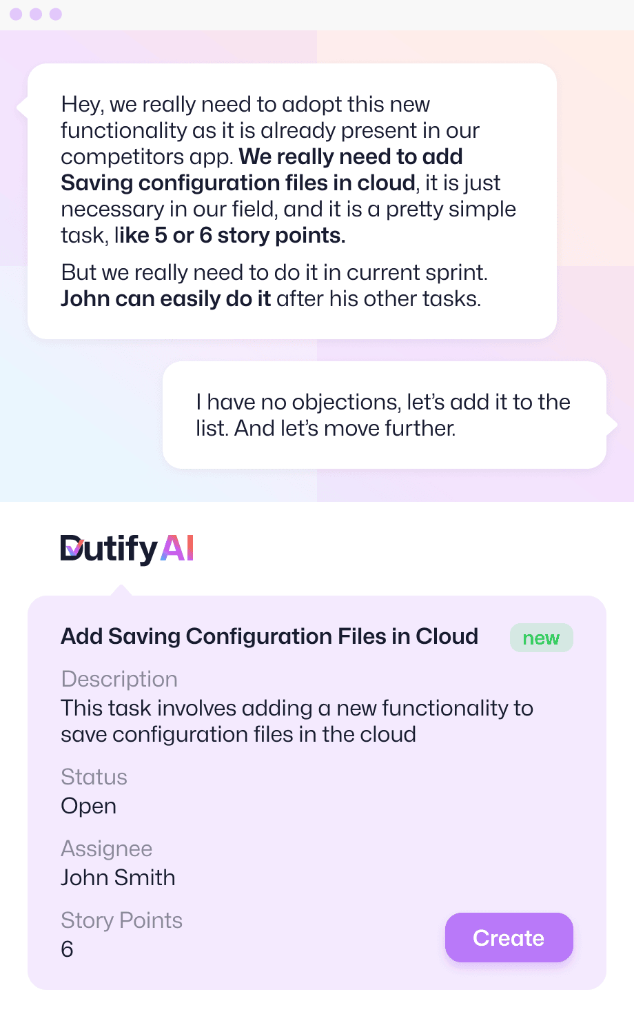 an illustration of Zoom meeting with examples of real conversation and proposals of Dutify.AI app for new tasks and task revisions.