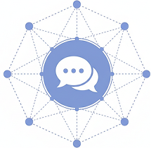 Blue speech bubble icon with three dots inside, surrounded by interconnected smaller circles connected with dashed lines forming a network.