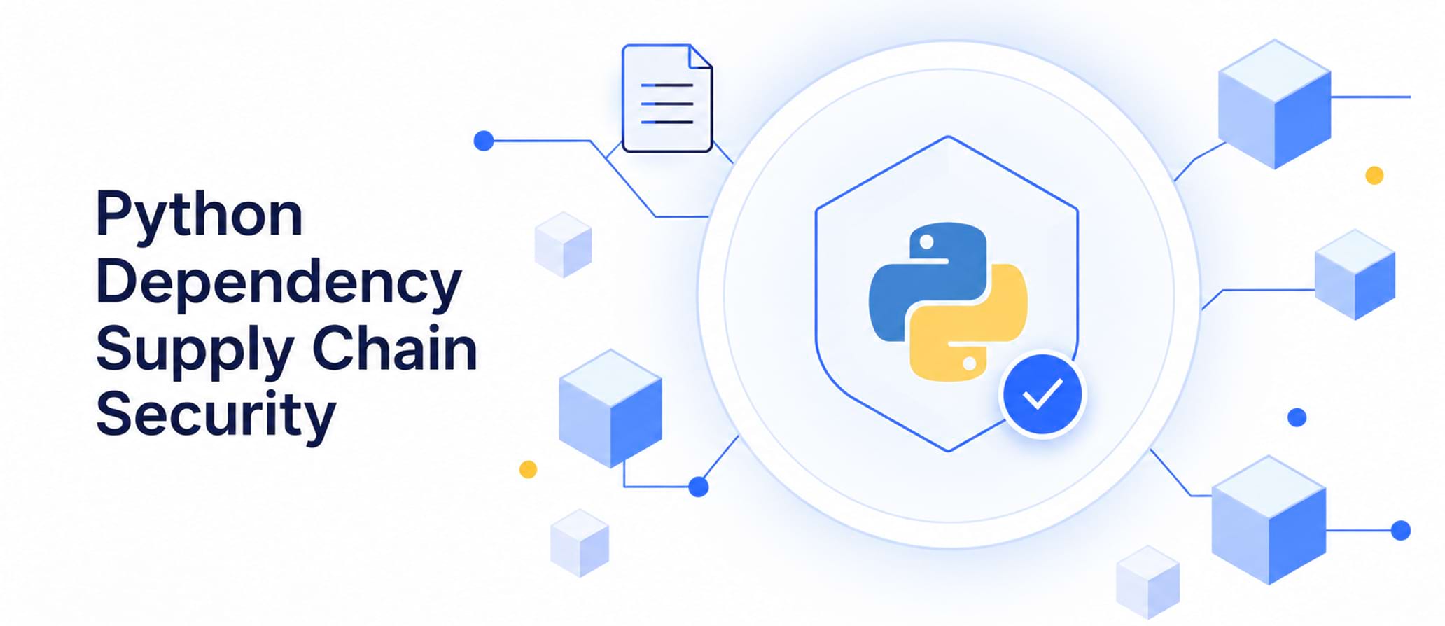 Python dependency supply chain security illustration with the Python logo inside a shield, a verification checkmark, and connected package icons.