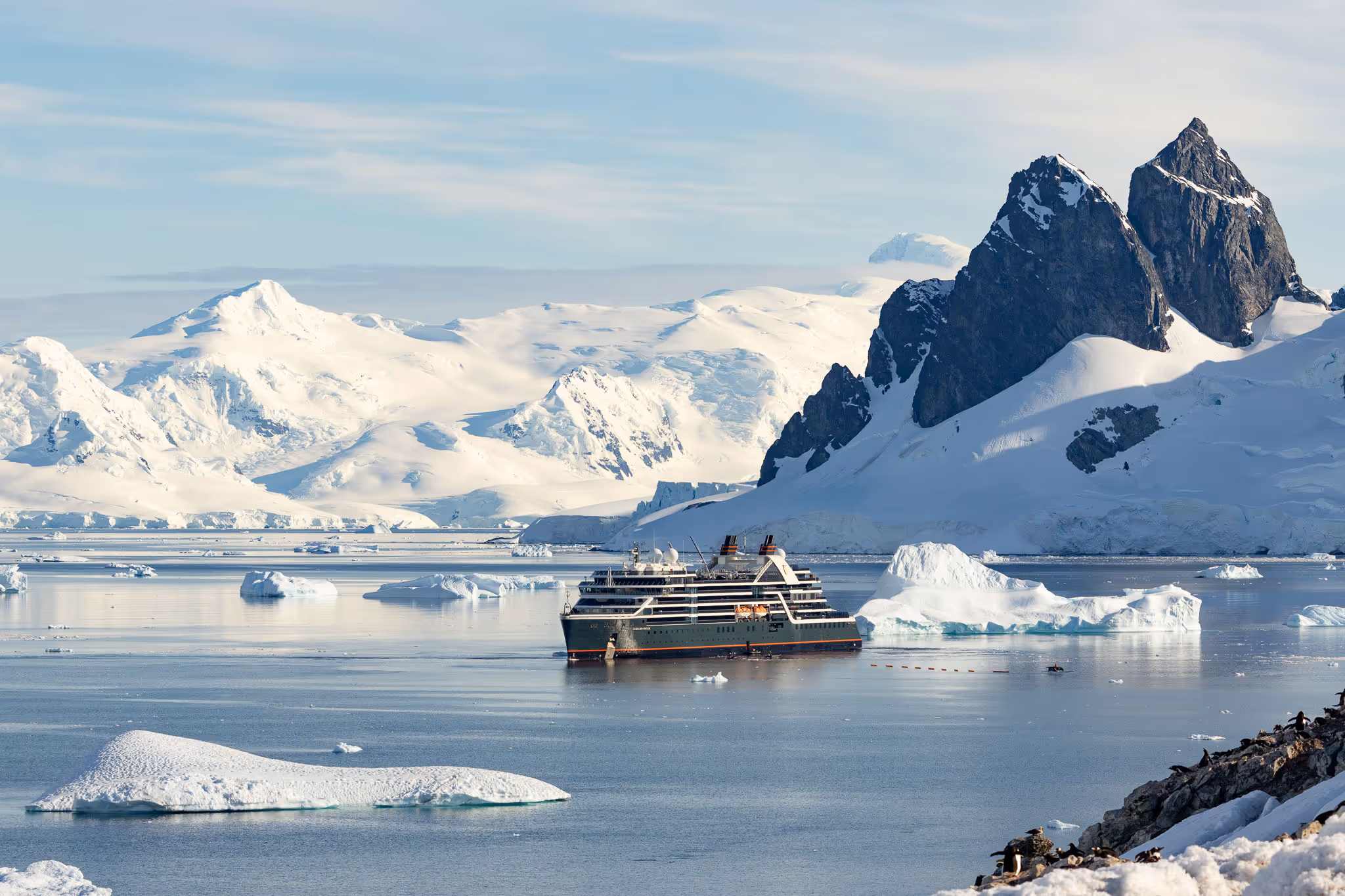 The Seabourne Venture pausing in the icy Antarctic waters.