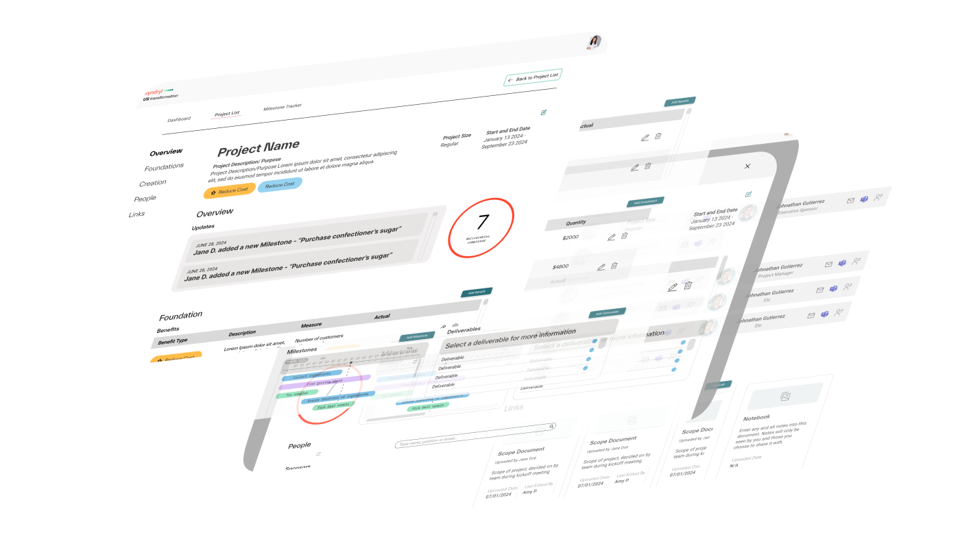 Wireframed screens of the Change Engine 
