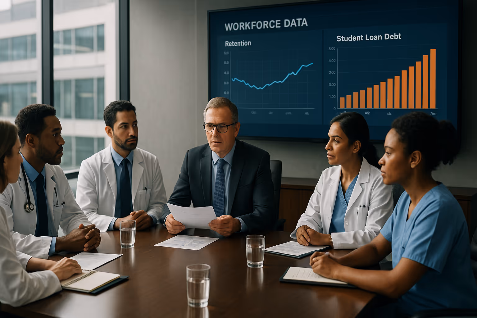 Diverse healthcare team and CFO review retention strategies and student loan data in a hospital boardroom, highlighting employee financial wellness and workforce retention initiatives.