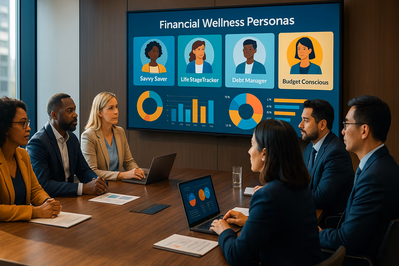 HR and Benefits leaders review a dashboard showing employee financial wellness personas in a bright, modern boardroom with natural light.