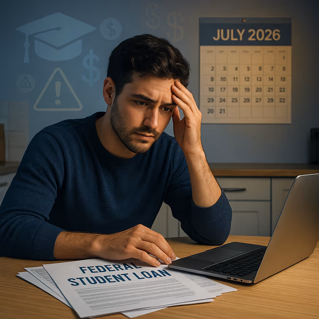 A worried man reviews federal student loan repayment documents at a kitchen table with a laptop. “July 2026” and financial planning icons appear behind him.