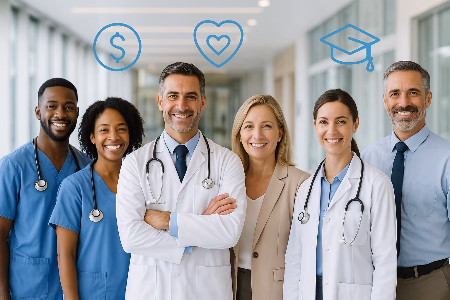 Doctors, nurses, and hospital administrators smiling together in a hospital setting with blue hues; overlaid icons represent college education, financial wellness, and healthcare benefits—highlighting employee retention and student loan repayment support in nonprofit hospitals.