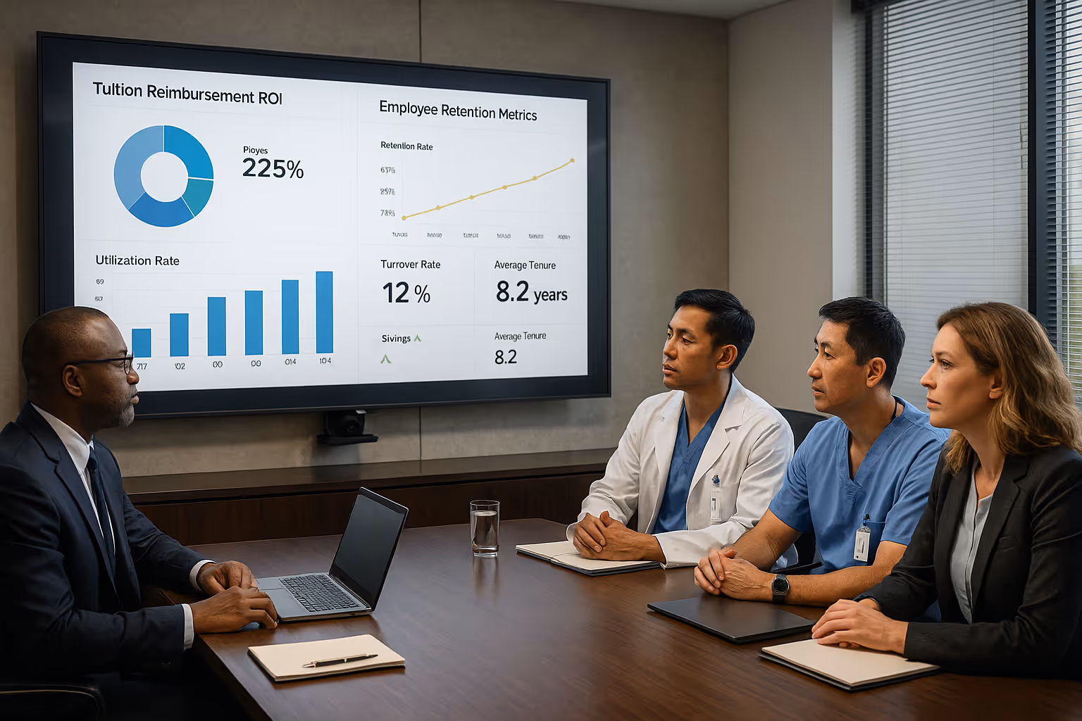 Diverse hospital leaders review tuition reimbursement ROI and employee retention metrics on a large screen in a modern boardroom setting