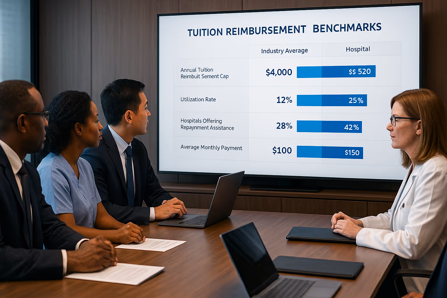 Diverse hospital executives review tuition reimbursement benchmarks vs. industry averages on screen to assess employee retention strategies.