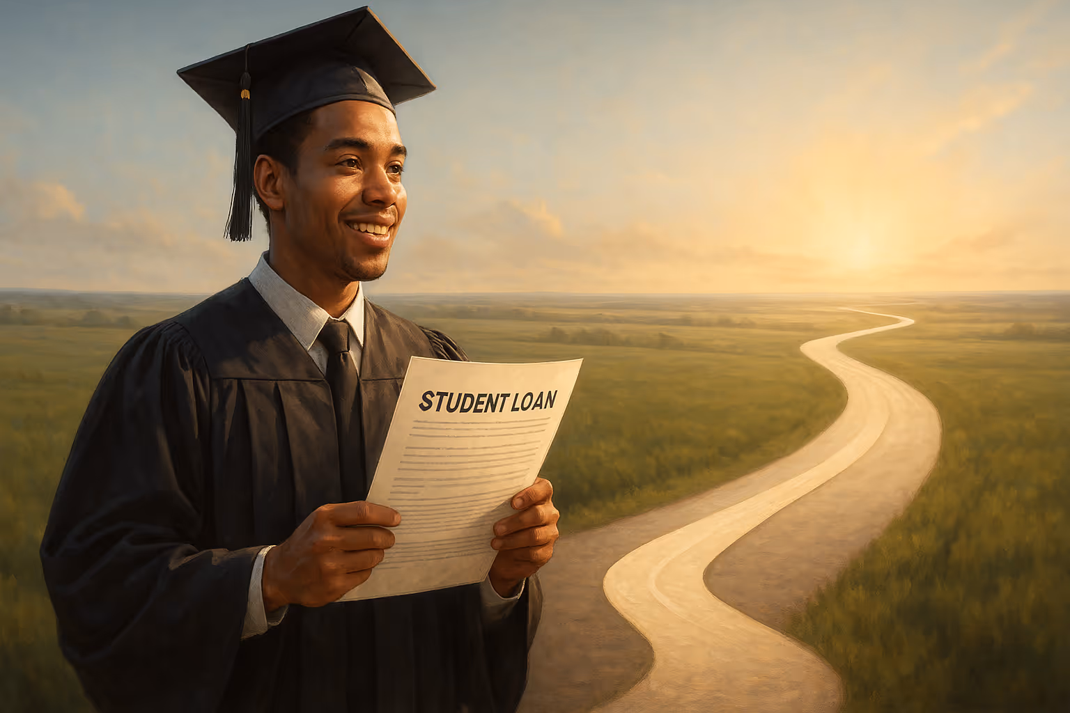 A smiling college graduate in a cap and gown holds student loan papers as they transform into a road leading toward a bright horizon.