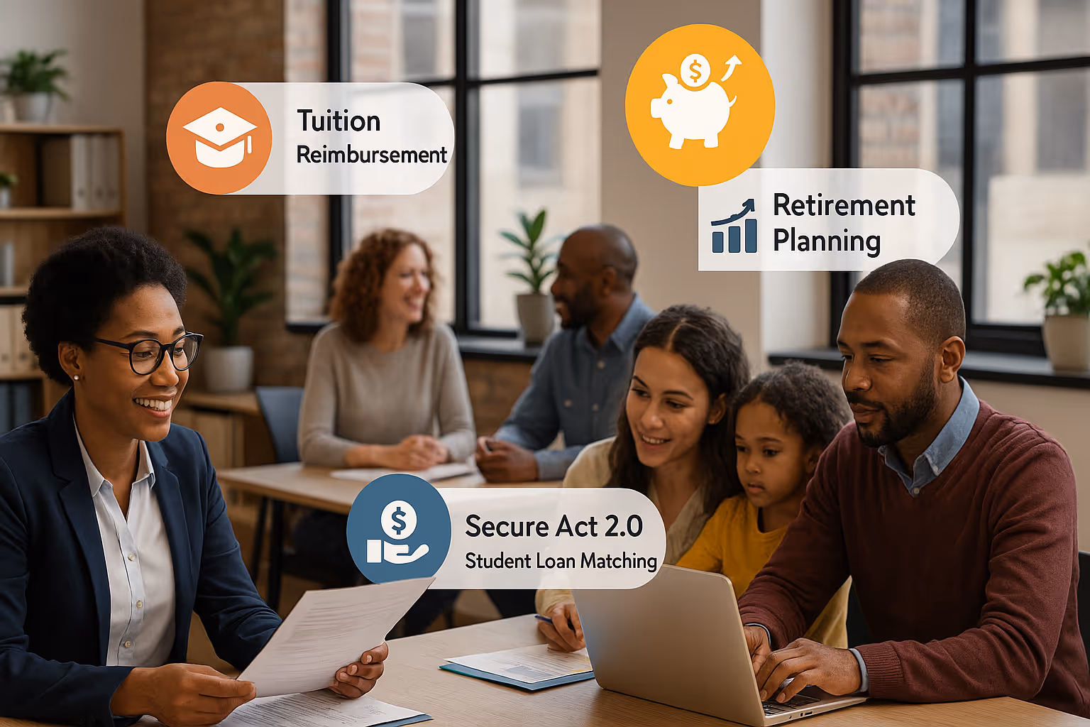 Employees and families discuss tuition reimbursement, Secure Act 2.0 student loan matching, and retirement planning.