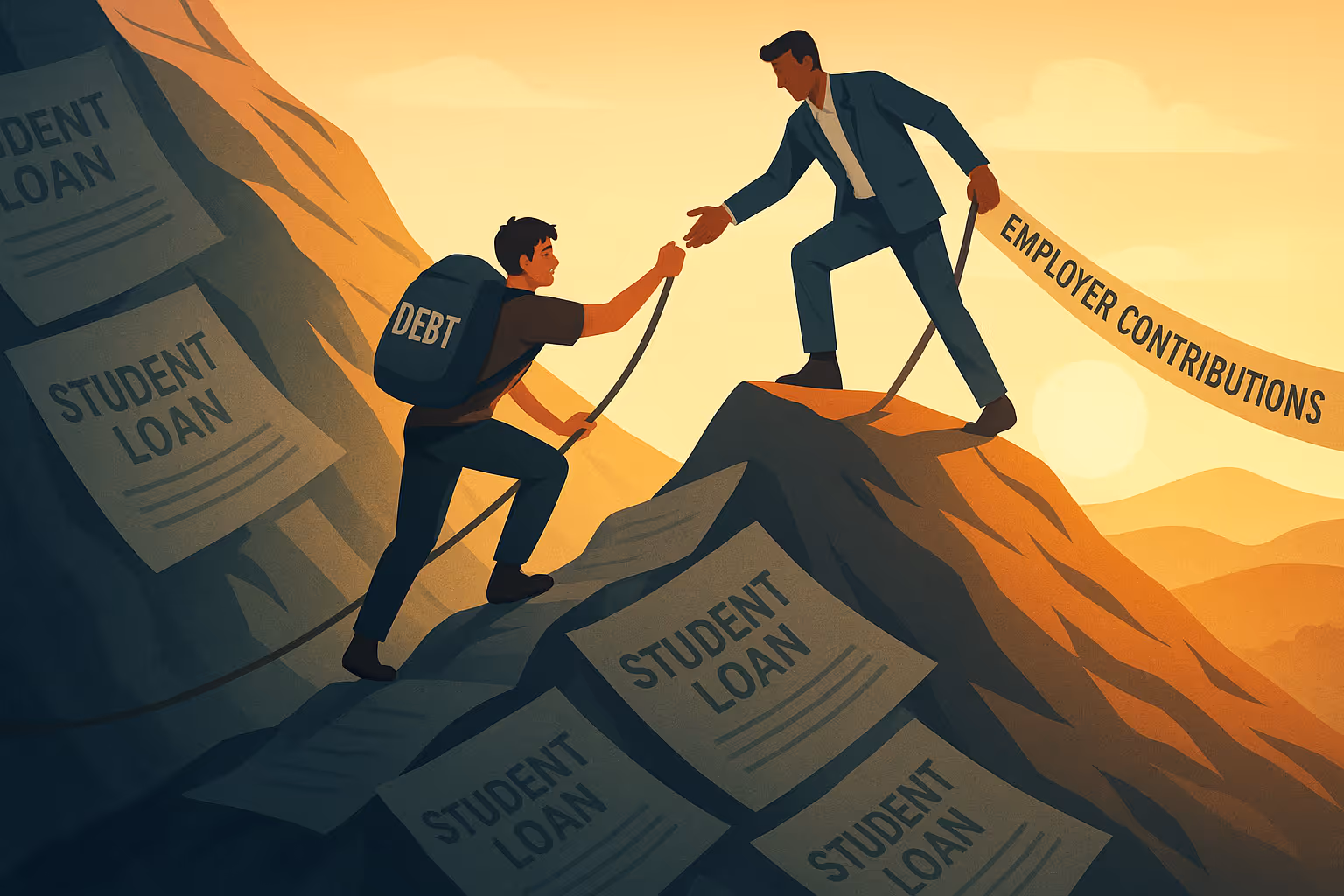 A metaphorical digital illustration showing a person climbing a steep mountain made of student loan papers, wearing a backpack labeled “Debt.” Another figure at the top, representing an employer, extends a helping hand and a rope labeled “Employer Contributions.” The scene transitions from shadow to warm sunlight, symbolizing hope and progress toward financial freedom.