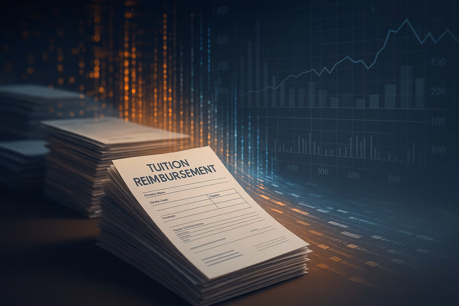 Stacks of tuition reimbursement forms transforming into digital data streams and financial charts, symbolizing visibility and analytics in education assistance programs, realistic cinematic lighting, professional corporate setting.